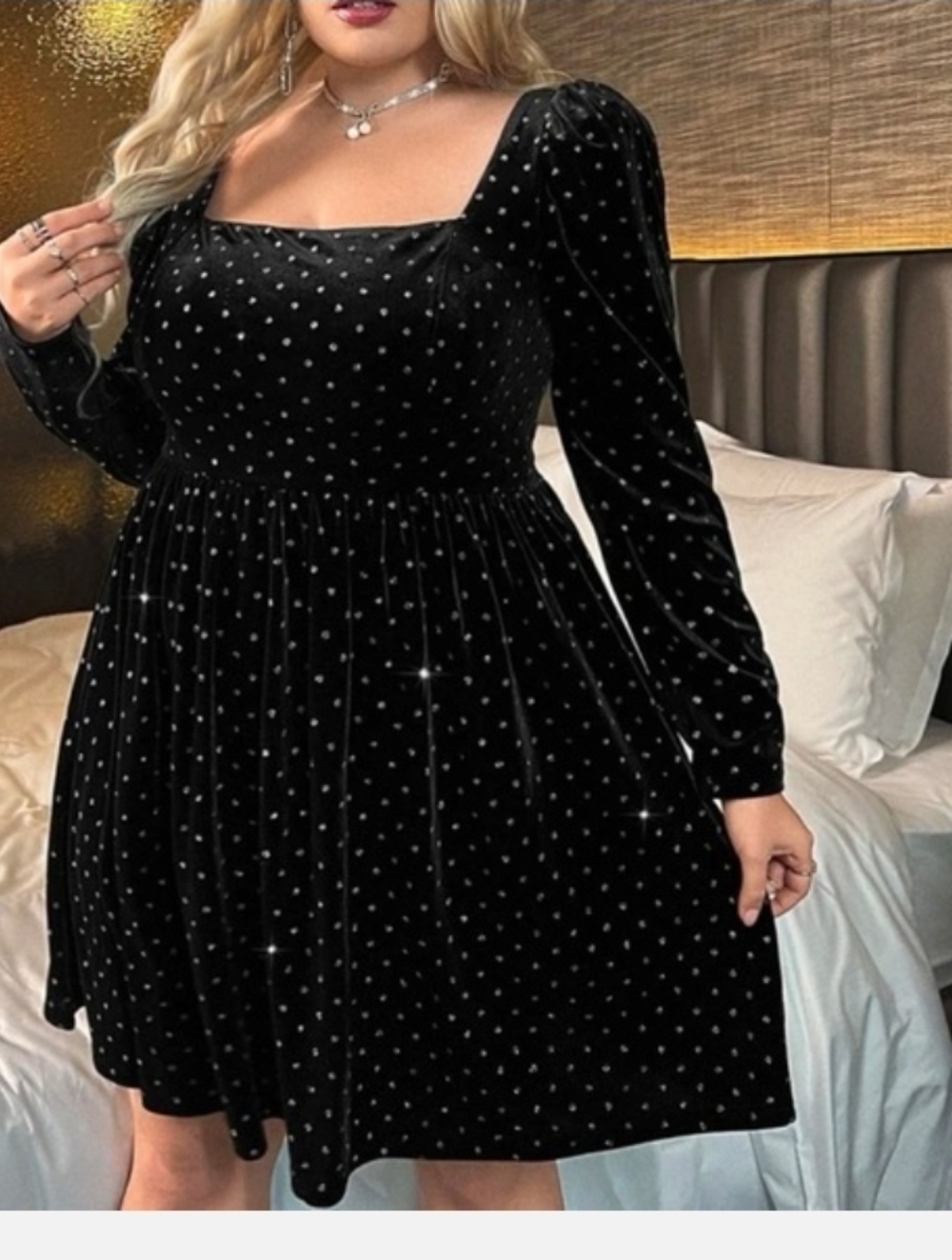 Shein Curve  Black Velvet Square Neck Long Sleeve Rhinestone Dress 3XL